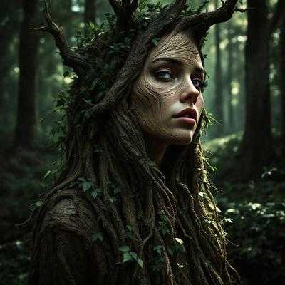 The primary subject of the image is a woman with long, curly hair, wearing a dress made of tree roots and leaves. She is standing in a forest, surrounded by trees and foliage. The visual style of the image is a combination of photo and digital art, creating a unique and artistic representation of the woman and her surroundings. The colors and mood of the image are predominantly green and earthy, reflecting the natural environment of the forest.